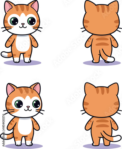 Cute orange tabby cat cartoon character front and back view vector illustration for tshirt printing projects 