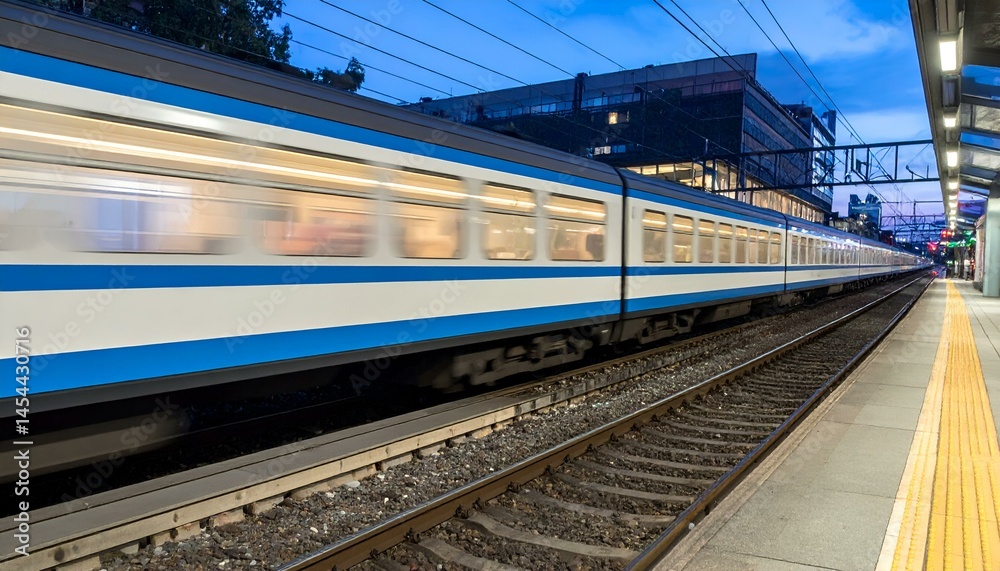 Fast commuter train speeding through station at dusk. Fast commuter train speeding through station at dusk.