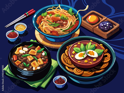 vector of Chinese Korean dishes including jajangmyeon with black bean sauce and tangsuyuk with vegetables served on black plates against a dark background.