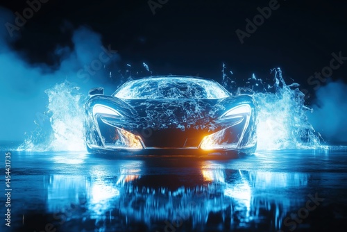 Electric concept car with water splash and glowing lights