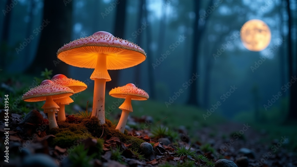 Fototapeta premium photograph group mushrooms forest mushrooms orange color round cap pinkish orange stem growing bed moss rocks leaves scattered around background blurred appears foggy forest tall trees full moon