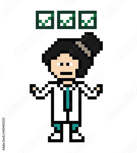 Cute pixel cartoon 8 bit character woman doctor scientist game care check list decor pharmacist female doctor uniform lady in hospital 8 bit woman pixel art game 8bit png vector.