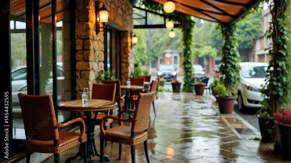 Cozy outdoor café seating underneath a rainy canopy  