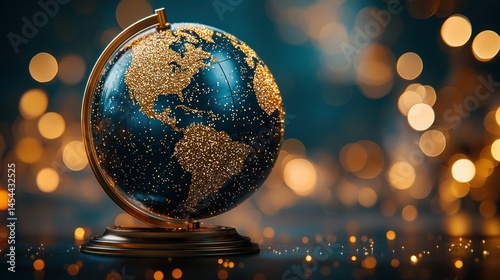 Golden continents shine on a dark globe with bokeh effect