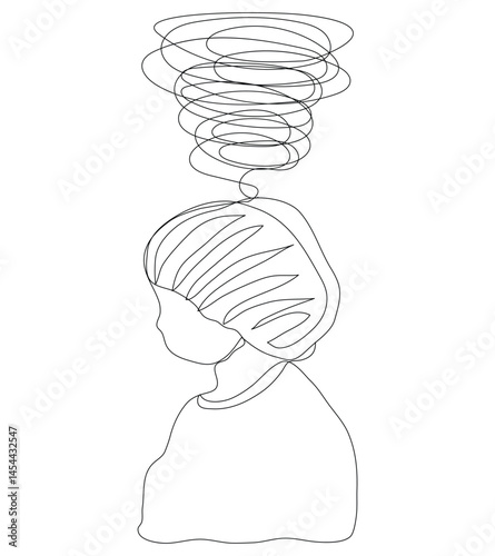 Sketch problem concept minimal old woman emotion stress headache drawing line art.Female unhappy depress hand drawn continuous line concept with white ioslated background.Abstract,vector,illustration.