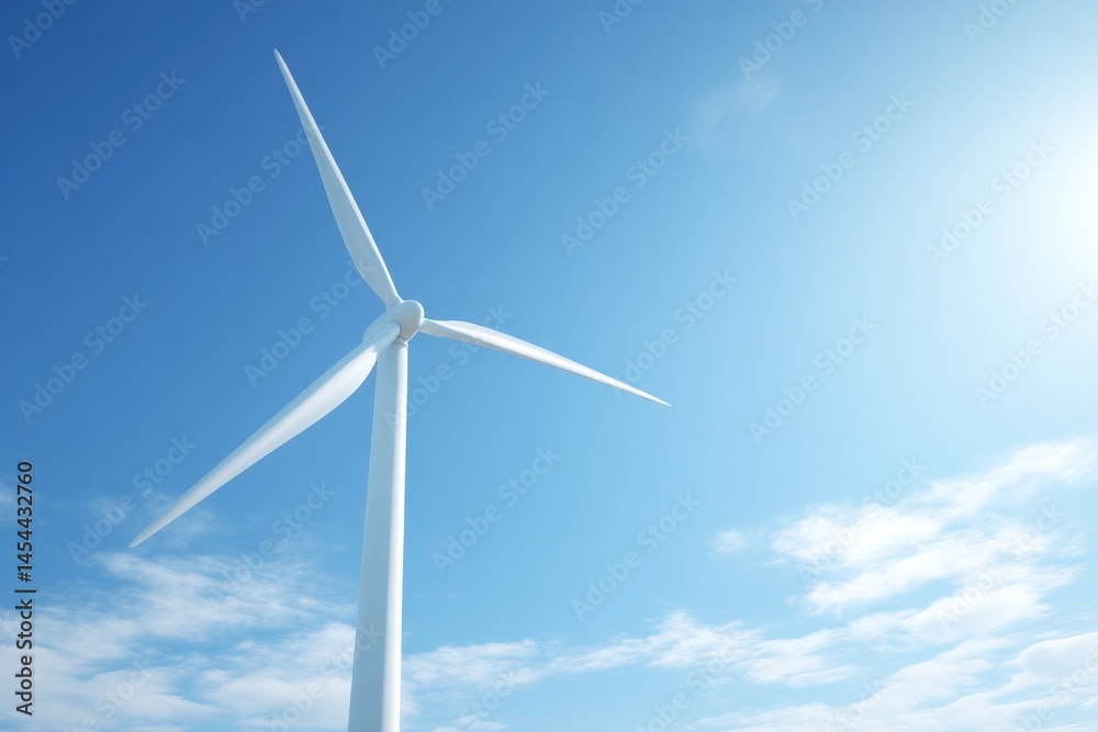 lone wind turbine standing tall against cloudless blue sky its blades catching gentle sunlight representing renewable lone wind turbine standing tall against cloudless blue sky its blades catching gentle sunlight representing renewable