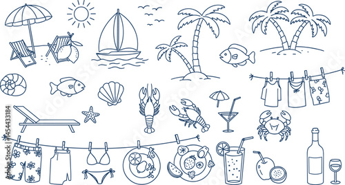 summer, doodle, grunge, chalk, drawing, vector, illustration, rough, sea, beach, coastal, mediterranean, seacoast, vintage, italian, greece, wine, seafood, palm tree, lobster, lemon, wave, vignetting,