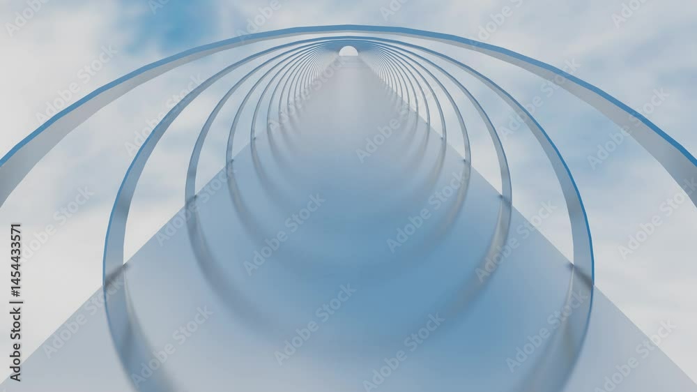 endless forward movement. abstract minimalistic tunnel of glossy rings and planes against blue sky with white clouds. 3d render looped animation