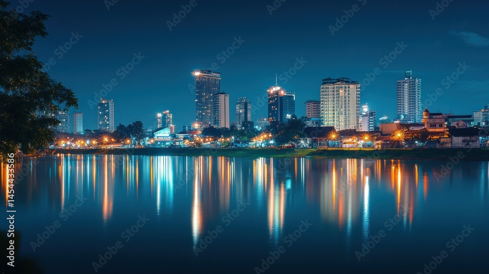 Fototapeta premium City skyline at night reflected on calm water. Lush greenery on the bank