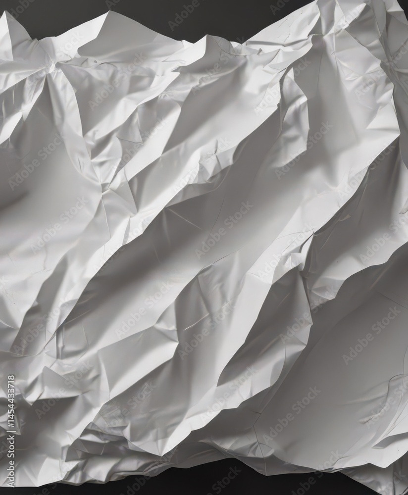 Fototapeta premium Severely crumpled white paper, showing deep shadows and intense wrinkles , design element, crumpled texture