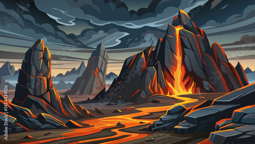 Charcoal-colored lava rocks form towering cliffs under a moody, overcast sky