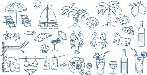 summer, doodle, grunge, chalk, drawing, vector, illustration, rough, sea, beach, coastal, mediterranean, seacoast, vintage, italian, greece, wine, seafood, palm tree, lobster, lemon, wave, vignetting,