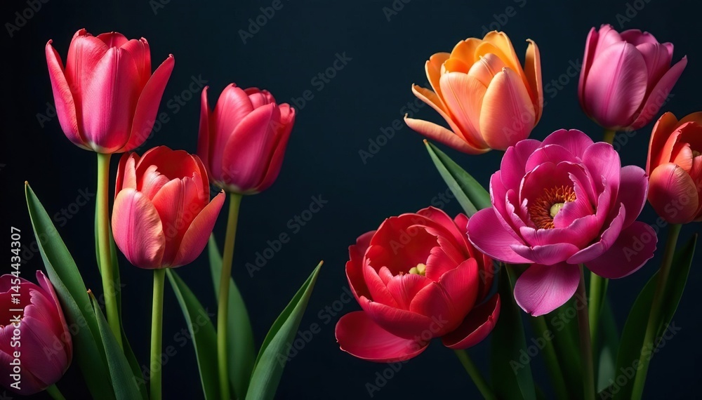 Bold stylized tulips & peonies, vibrant hues on dark background , artwork, summer