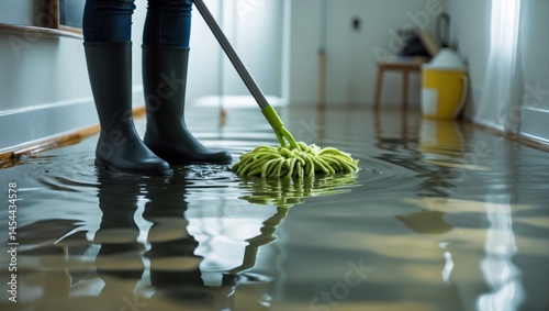Person cleaning a flooded floor with a mop, wearing black rubber boots in an indoor setting