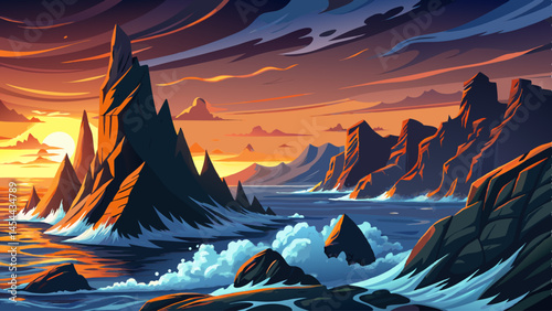 Jagged black volcanic cliffs rise dramatically above crashing ocean waves at dusk