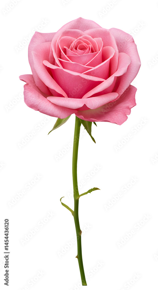 Fresh Long-Stemmed Pink Rose Bloom With Delicate Petals Isolated on PNG Background. Fresh Long-Stemmed Pink Rose Bloom With Delicate Petals Isolated on PNG Background.