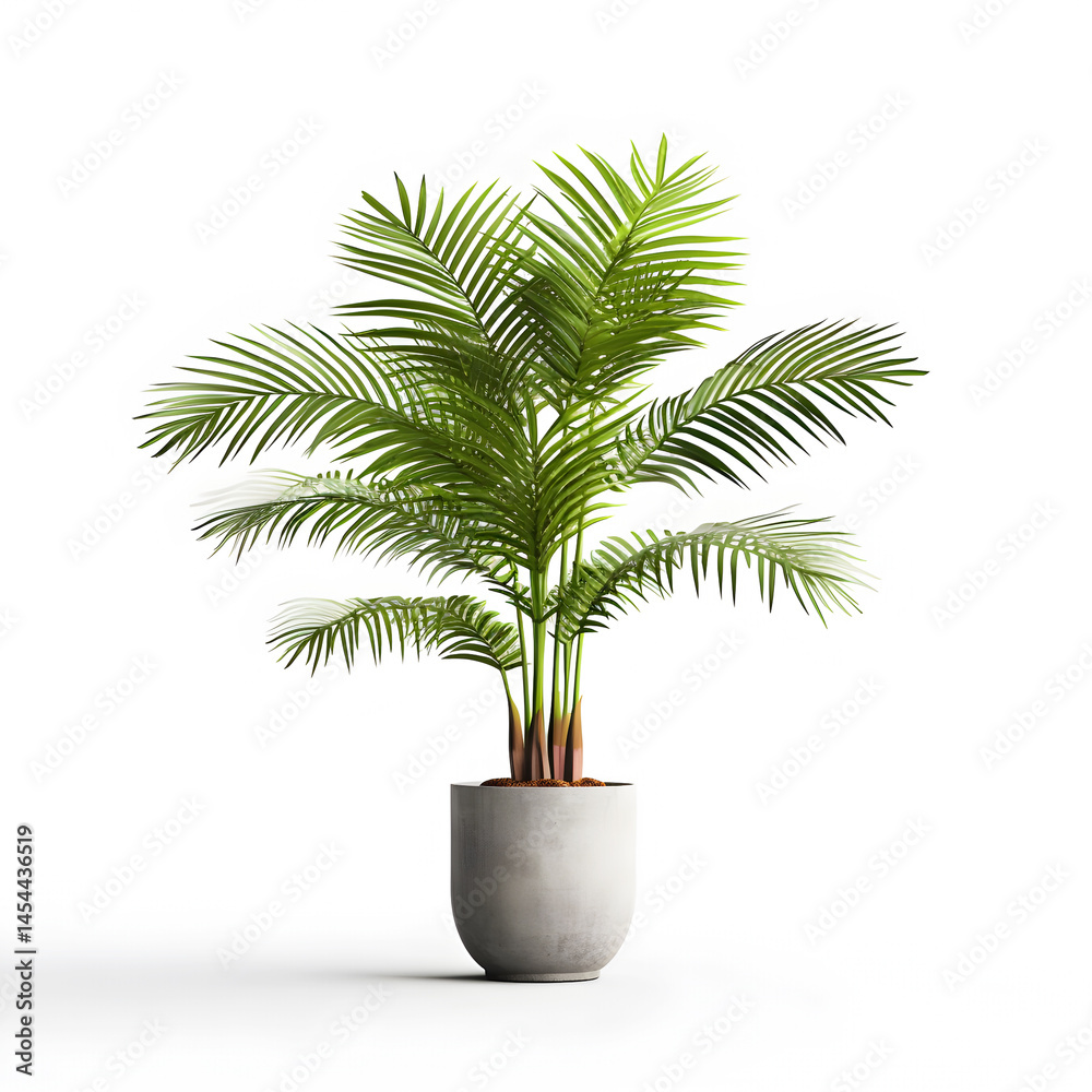 Obraz premium A potted palm tree in a modern concrete pot, placed on a white surface with a minimalist background.
