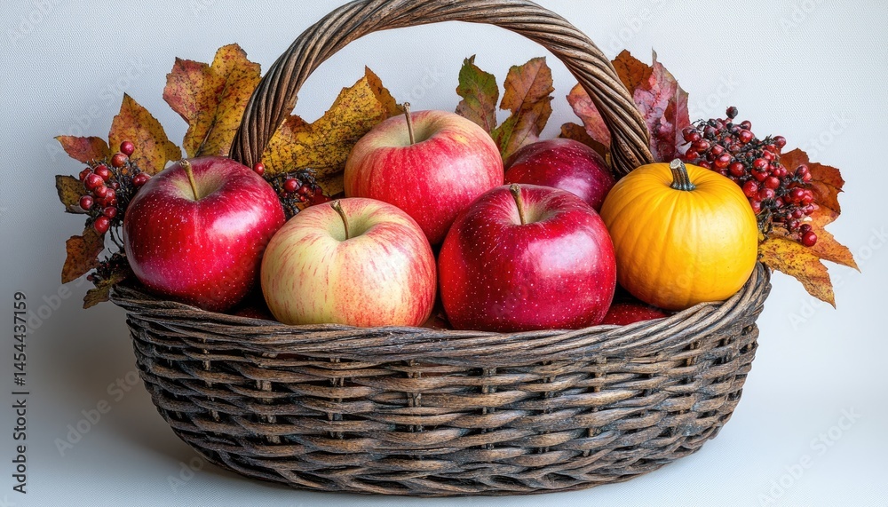 Basket of apples and fall leaves. Fresh fruits in a rustic basket decorated with autumnal foliage Basket of apples and fall leaves. Fresh fruits in a rustic basket decorated with autumnal foliage