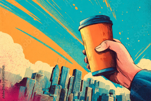 Pop art style illustration of hand holding coffee cup against colorful sky and city skyline in comic book aesthetic