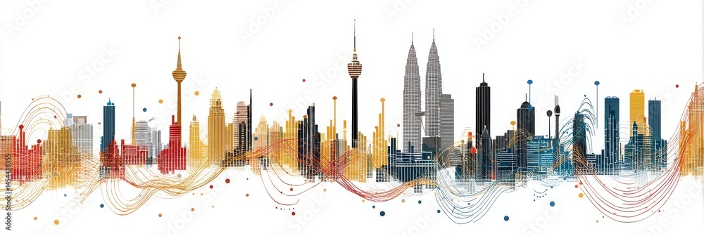 Obraz premium Vibrant Kuala Lumpur Skyline with Abstract Connectivity: Aesthetic Waves Representing Big Data and Colourful Communication Technology