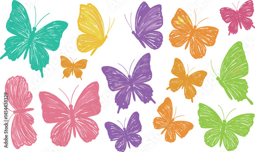 Cute butterfly vector. Crayon spring background. Pastel child butterfly art isolated. Simple flower color chalk hand drawn bg. Cartoon fairy doodle baby sticker.