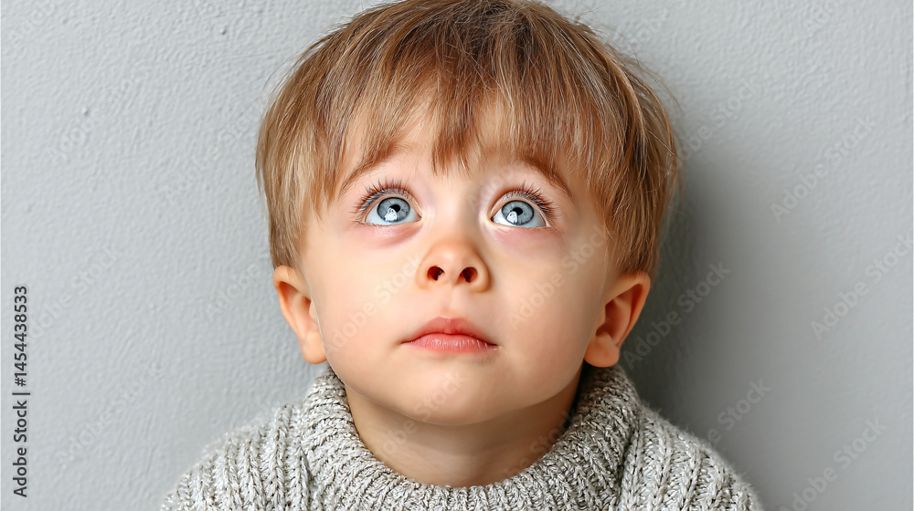 Fototapeta premium Young child with light brown hair and striking blue eyes gazes upwards, wearing cozy gray sweater. soft expression their face conveys curiosity and innocence, set against neutral gray background