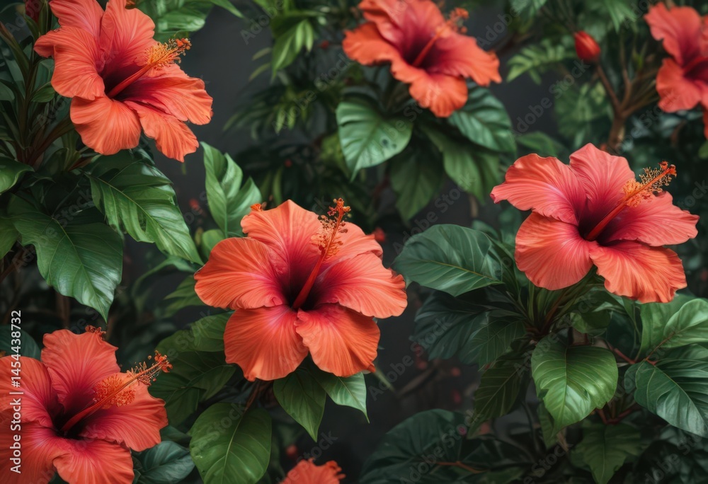 Obraz premium Vibrant hibiscus blooms, lush tropical foliage , colorful, flower, garden