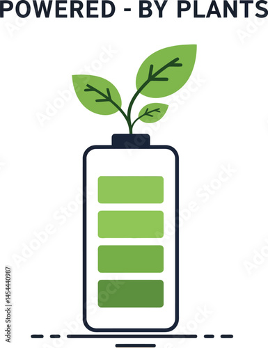 Battery with green leaves powered by plants eco friendly energy vector illustration for tshirt printing designs 