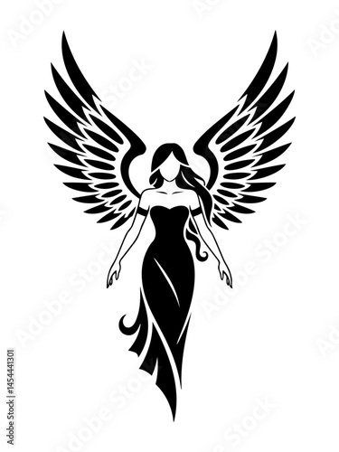 A vector silhouette of an elegant angel with wings, isolated on a white background.