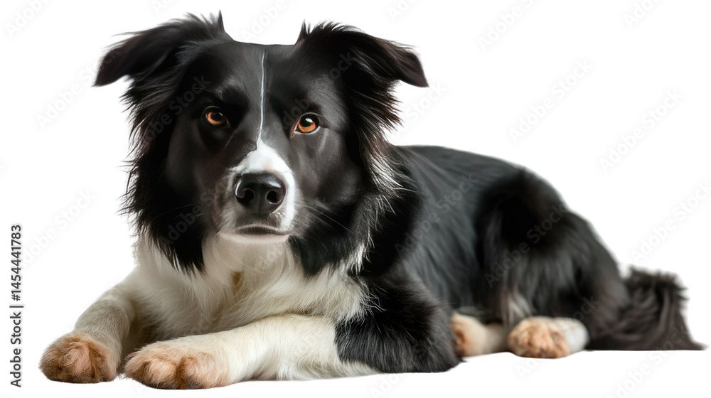 Fototapeta premium Border Collie Portrait: A captivating portrait of a border collie, showcasing its intelligent gaze and striking black and white coat. The dog lies down, relaxed but alert. 