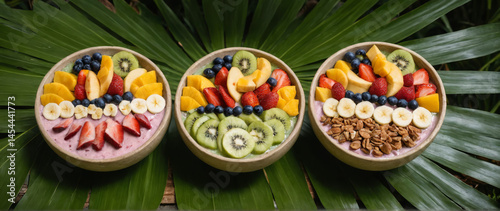 Wallpaper Mural Smoothie Bowls Tropical Fruit Palm Leaves Vibrant Exotic Creations Fresh Healthy Summer Presentation Bright Fruits Torontodigital.ca
