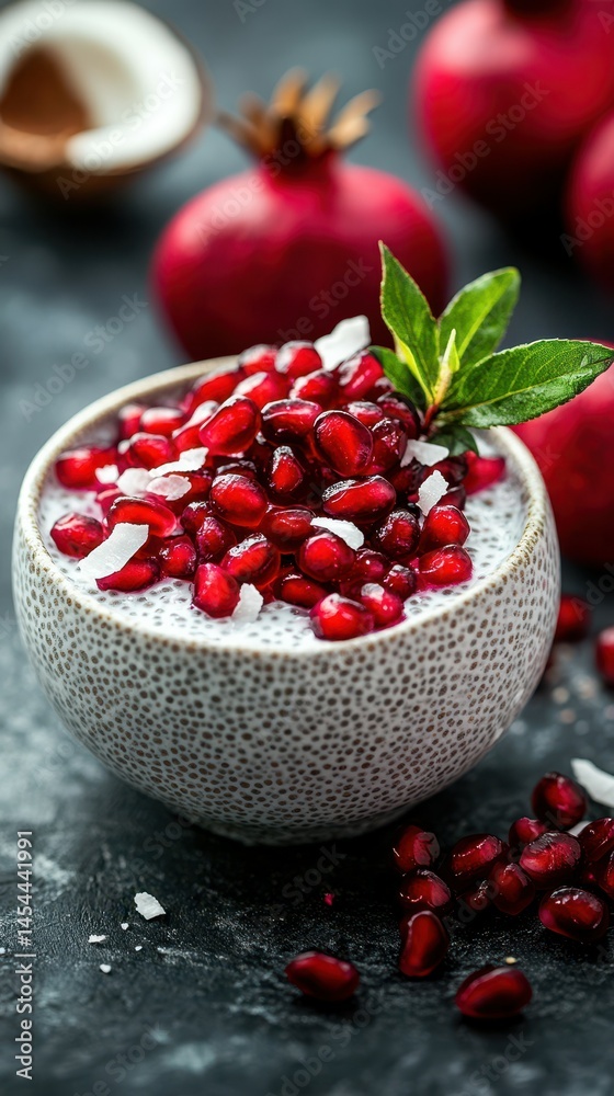 Delicious bowl of pomegranate seeds topped with coconut flakes and fresh mint on a dark surface Delicious bowl of pomegranate seeds topped with coconut flakes and fresh mint on a dark surface