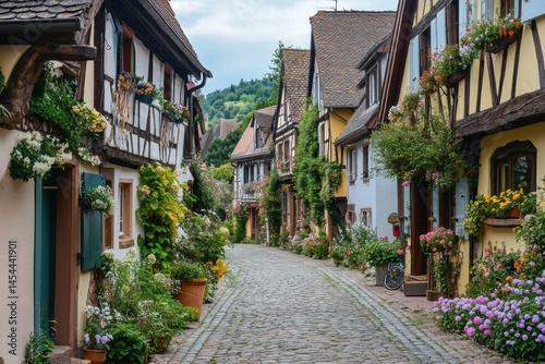 Quaint path with traditional houses and lush greenery