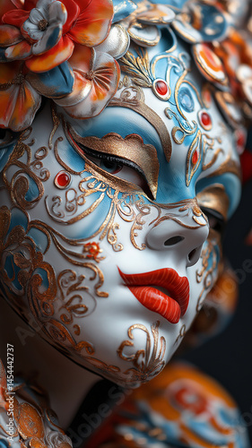 Intricate mask design with vibrant colors and floral details