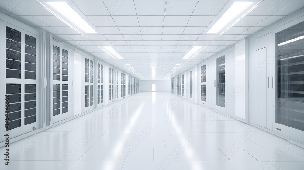 Fototapeta premium A clean, white, empty office hallway with glass doors on both sides, illuminated by overhead fluorescent lights.