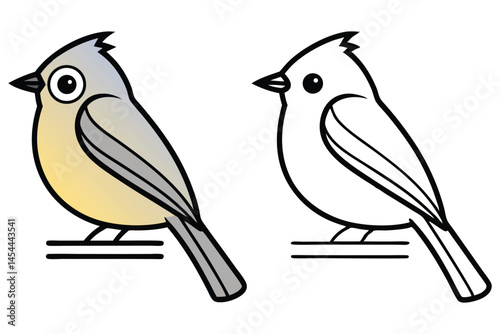 Two cute titmouse birds are perched; one is colored and the other is outline