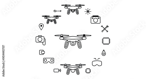 Drone Technology Icons - Aerial Photography and VR Flight Design"Modern Drone Technology Icons