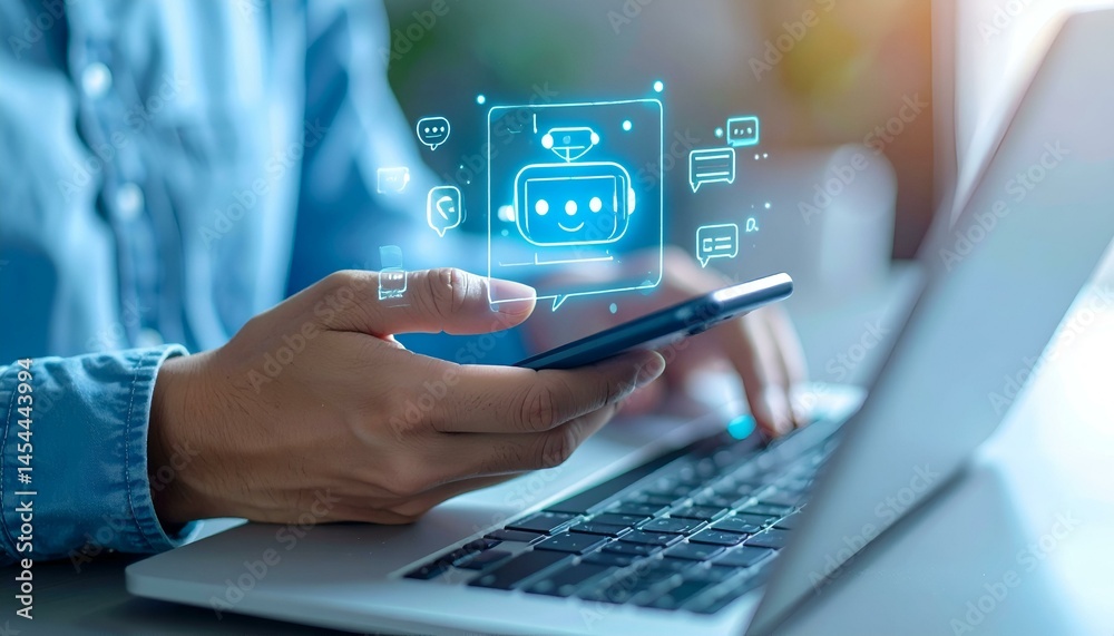 Person using smartphone and laptop with AI chatbot interface. Modern technology, digital communication concept. Person using smartphone and laptop with AI chatbot interface. Modern technology, digital communication concept.