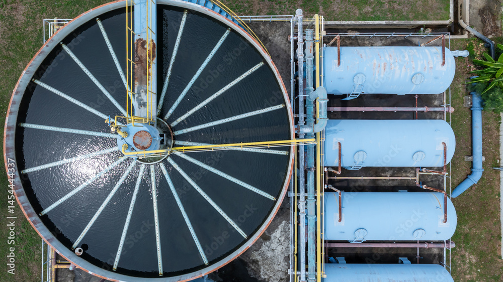 Aerial view circular clarifier tank at watewater treatment plant, Industrial infrastucture, Environment technology sustainable water management system, Semimentation tank circular clarifier.