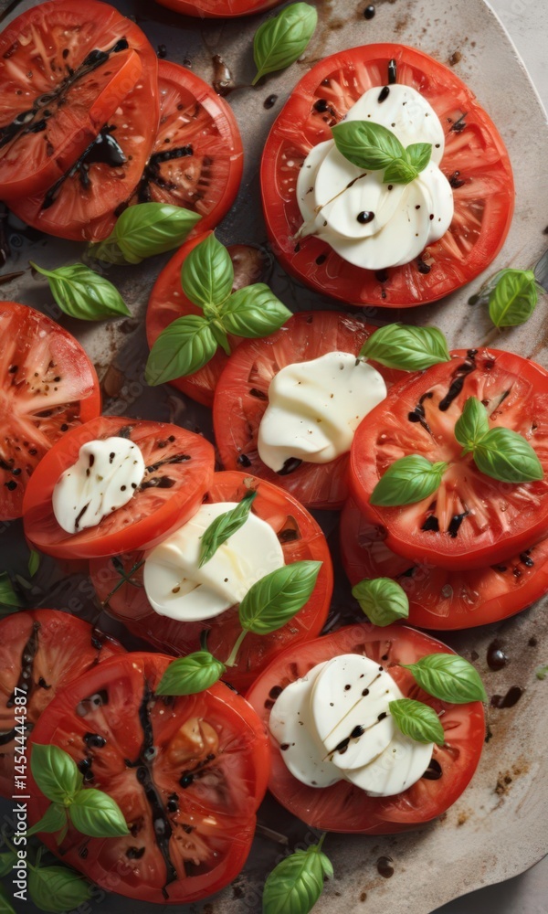 Sliced tomatoes, fresh mozzarella, basil leaves, balsamic glaze , vibrant, caprese Sliced tomatoes, fresh mozzarella, basil leaves, balsamic glaze , vibrant, caprese