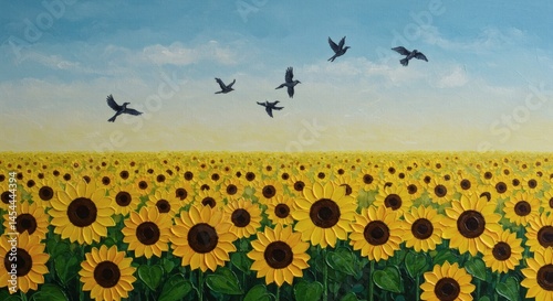 Sunflower field painting with birds flying in blue sky nature landscape art scenic oil illustration