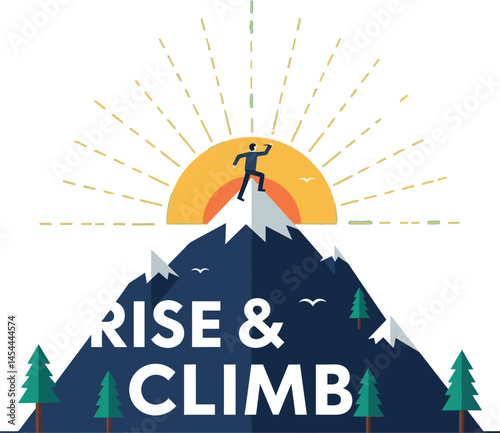 Mountain Climbing Vector Illustration with Sunrise and Motivational Text for Outdoor Projects 