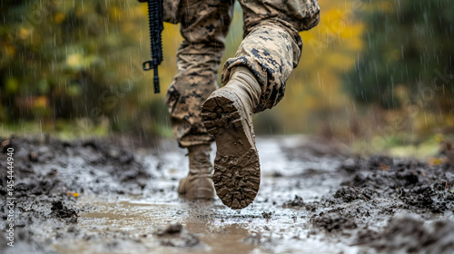 Soldier's muddy walk: Determination in a rainy forest environment
