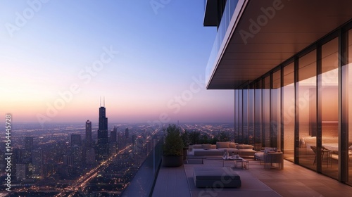 Stunning panoramic city view from a penthouse balcony at dawn.  Modern architecture, glass, and luxury furnishings are showcased on the rooftop terrace