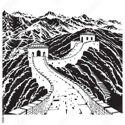 Scenic Black and White Line Art Drawing of Great Wall of China with Mountains Watchtower Chinese Landscape Ancient Historical World Landmark Travel Destination