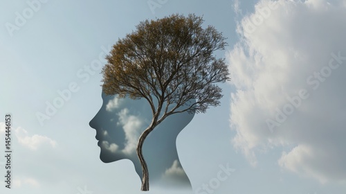 Conceptual 3D illustration of cognitive dissonance and rationalization showing a human head shaped tree symbolizing mental conflict, psychological tension, logic struggle, and emotional imbalance.