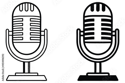 Two simplistic black and white outline microphones stand side by side in contrast