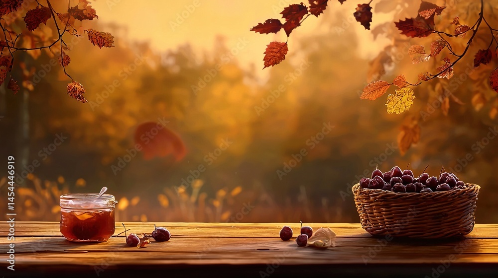 Autumnal scene with fall foliage and berries on a wooden table.