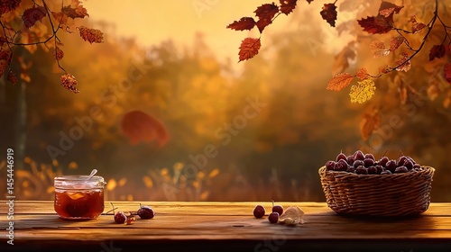 Obraz na płótnie Autumnal scene with fall foliage and berries on a wooden table. w salonie