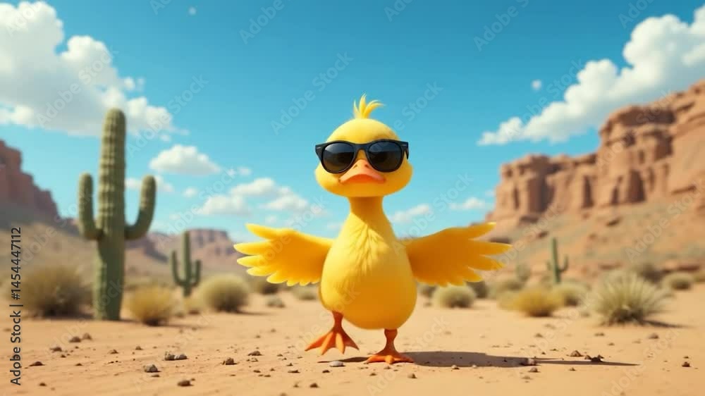 Animated yellow duck wearing sunglasses standing in a desert environment with cacti and rock formations under a blue sky suitable for childrens illustrations and graphic design projects